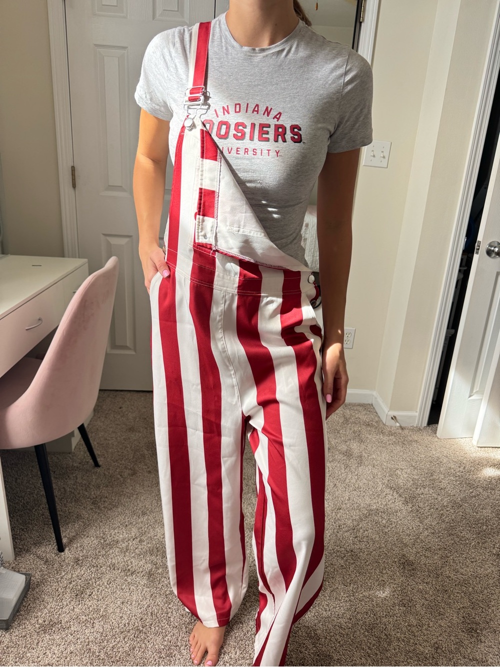 Adult M | IU Striped Red and White Casual Overalls Jumpsuit | HOOSIERS